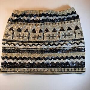 Forever 21 Women's Small Embellished Beaded Black and Tan Mini Skirt, Pre-Owned